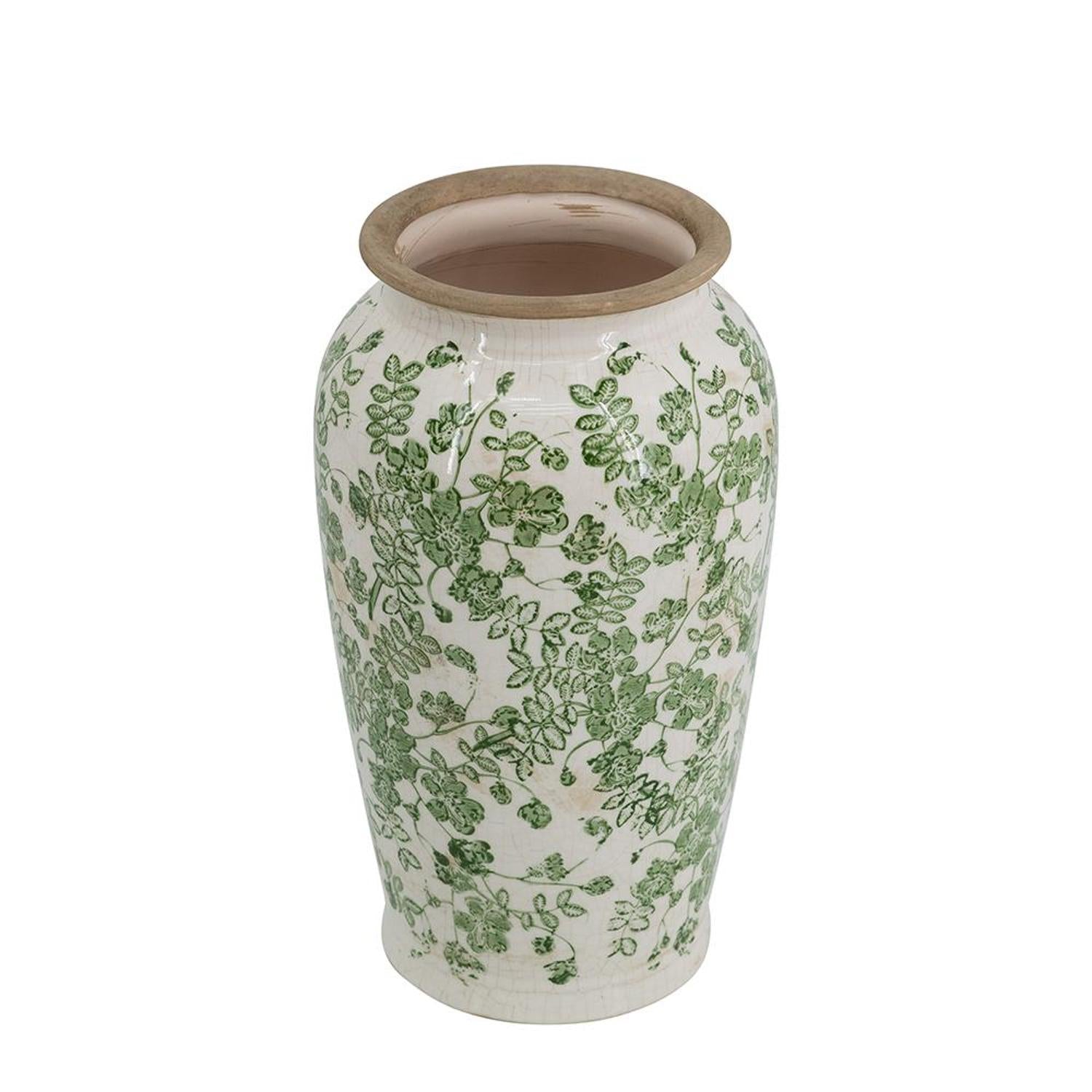 12" Green And White Leaf Ceramic Round Table Vase