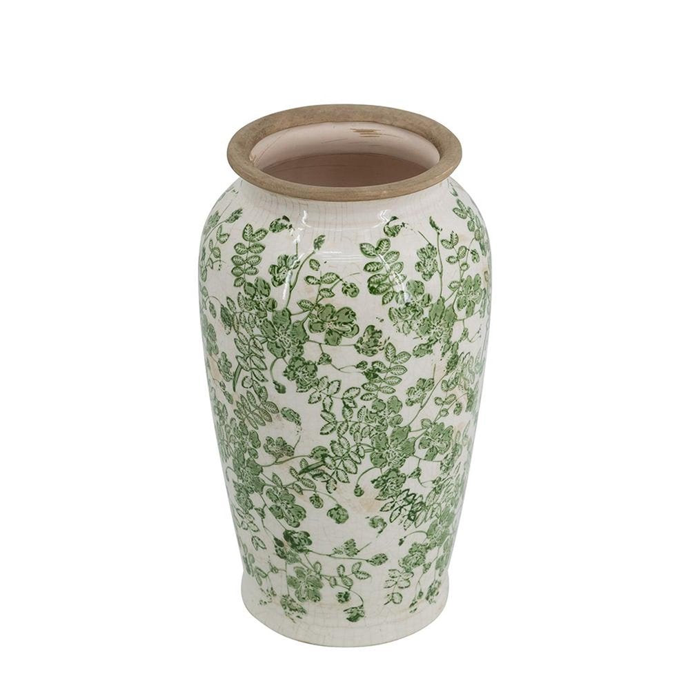 12" Green And White Leaf Ceramic Round Table Vase