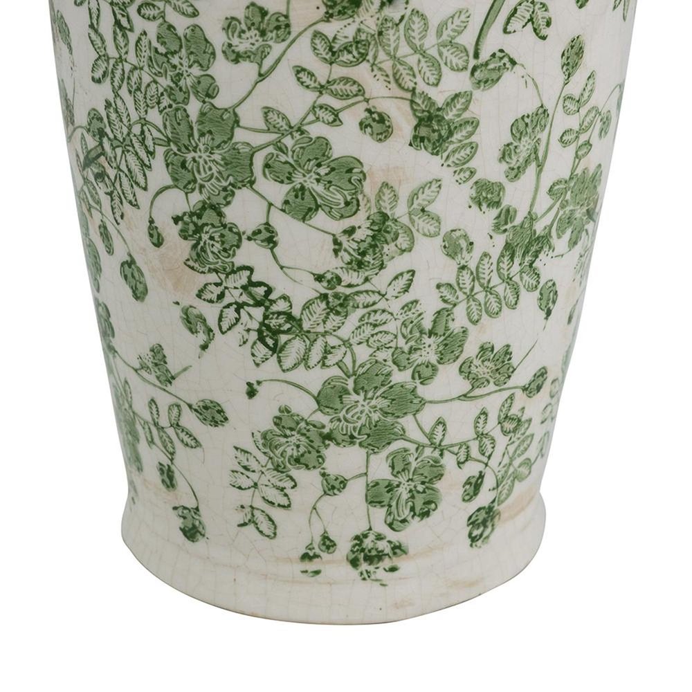 12" Green And White Leaf Ceramic Round Table Vase