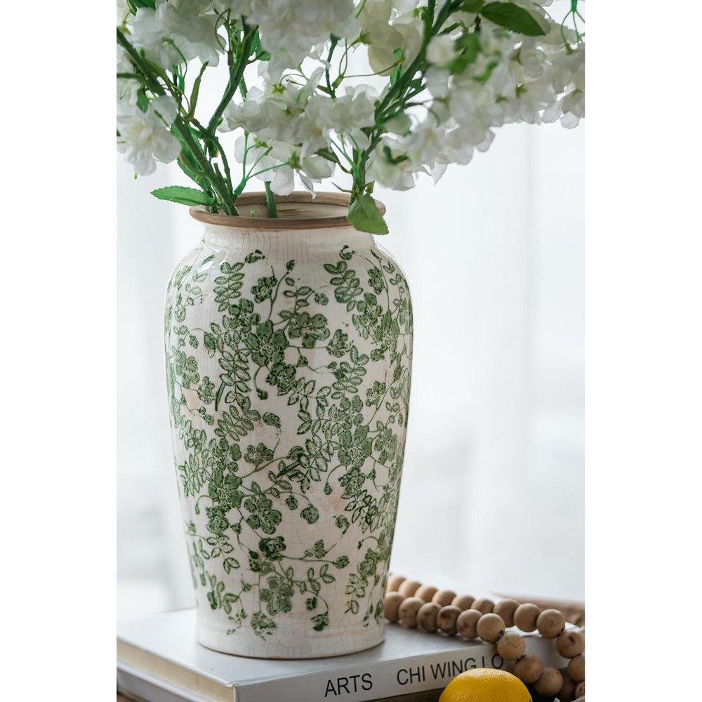 12" Green And White Leaf Ceramic Round Table Vase