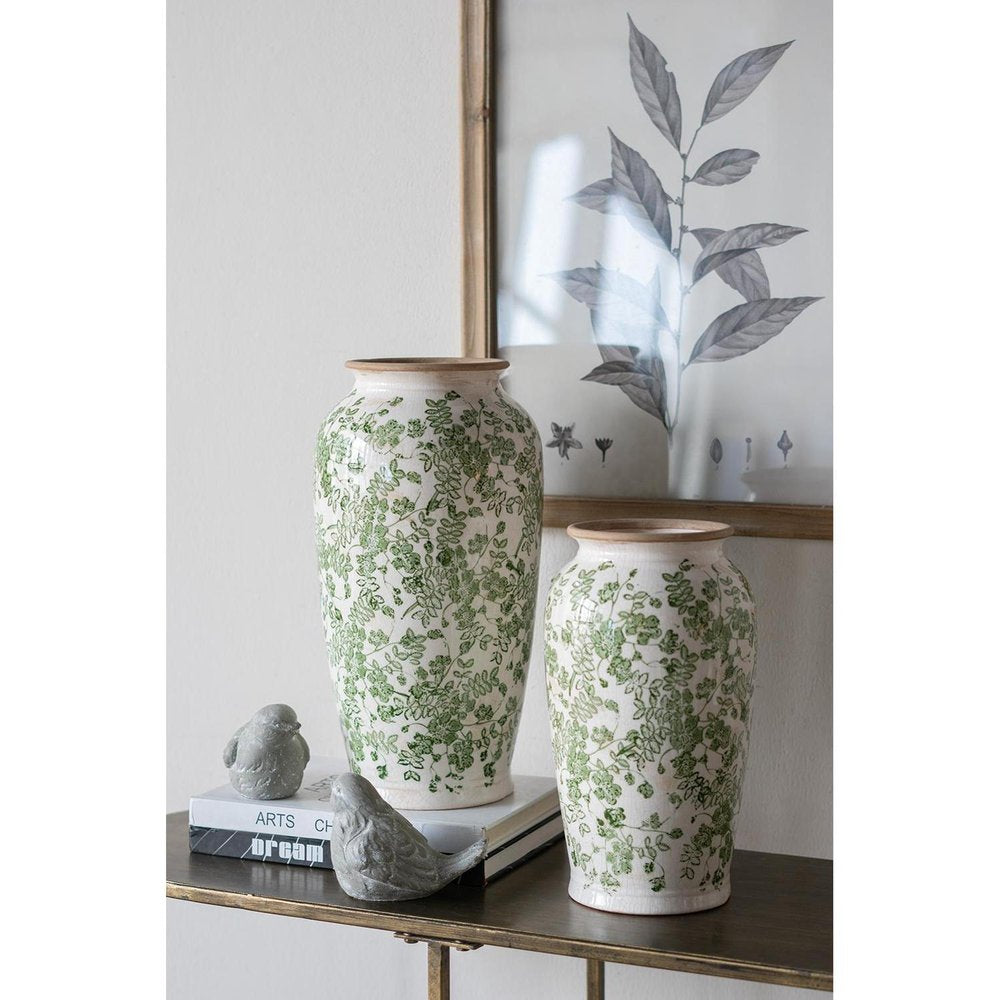 12" Green And White Leaf Ceramic Round Table Vase