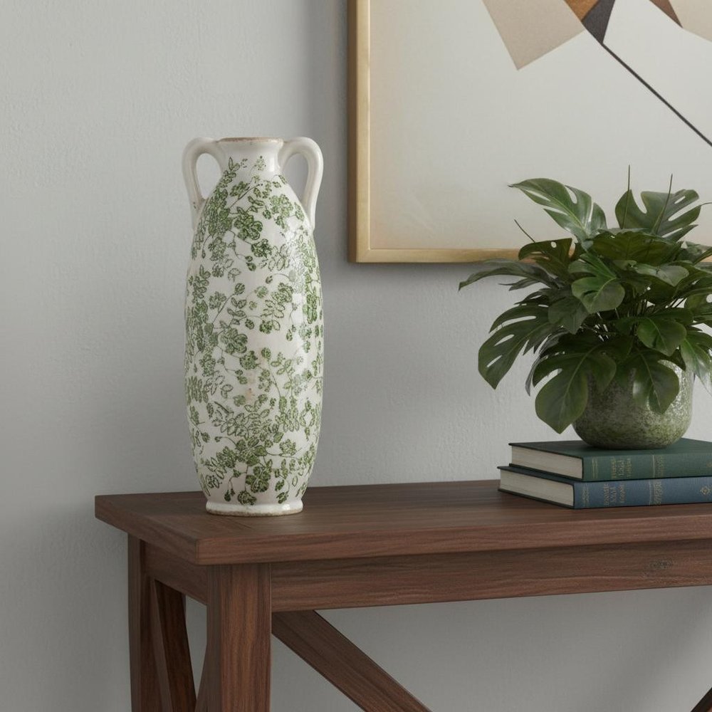 14" Green And White Leaf Ceramic Amphora Table Vase