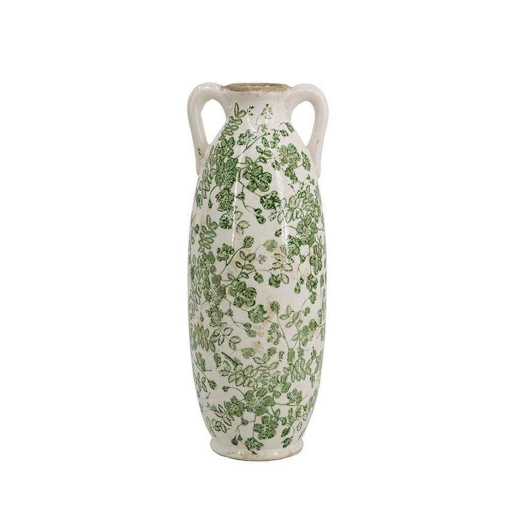 14" Green And White Leaf Ceramic Amphora Table Vase