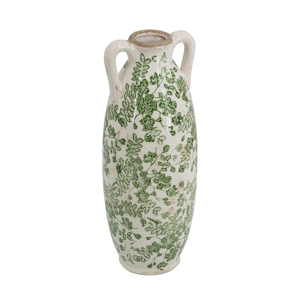14" Green And White Leaf Ceramic Amphora Table Vase