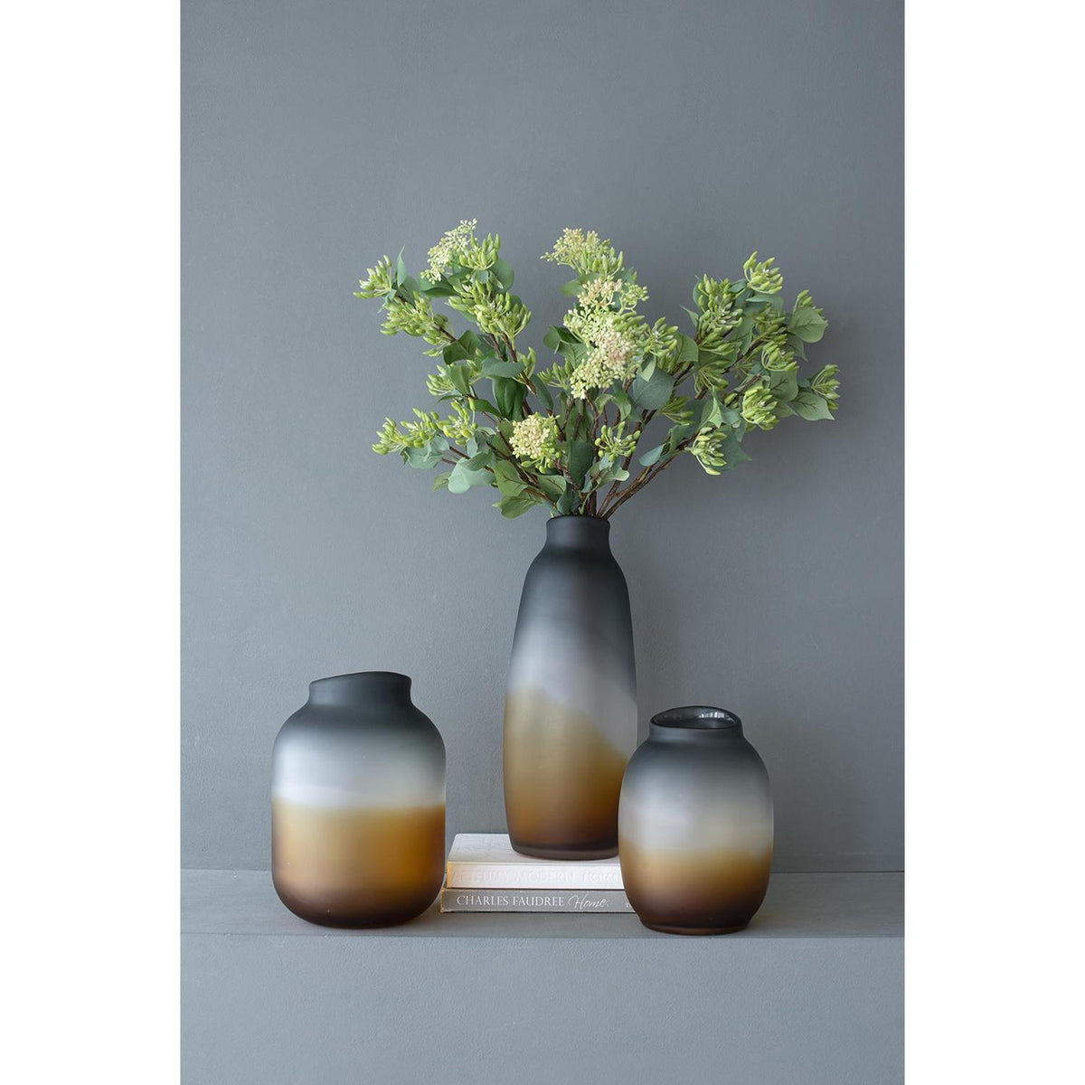 11" Charcoal And Orange Ombre Round Glass Table Vase