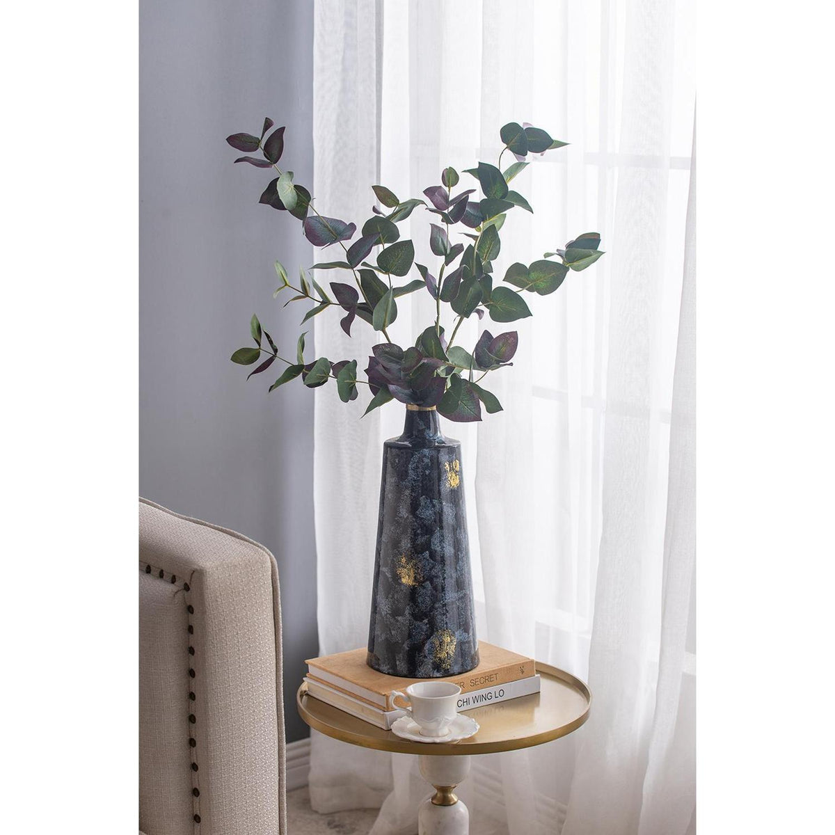 14" Blue And Gold Abstract Bud Glass Table Vase