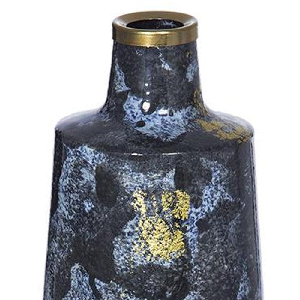 14" Blue And Gold Abstract Bud Glass Table Vase