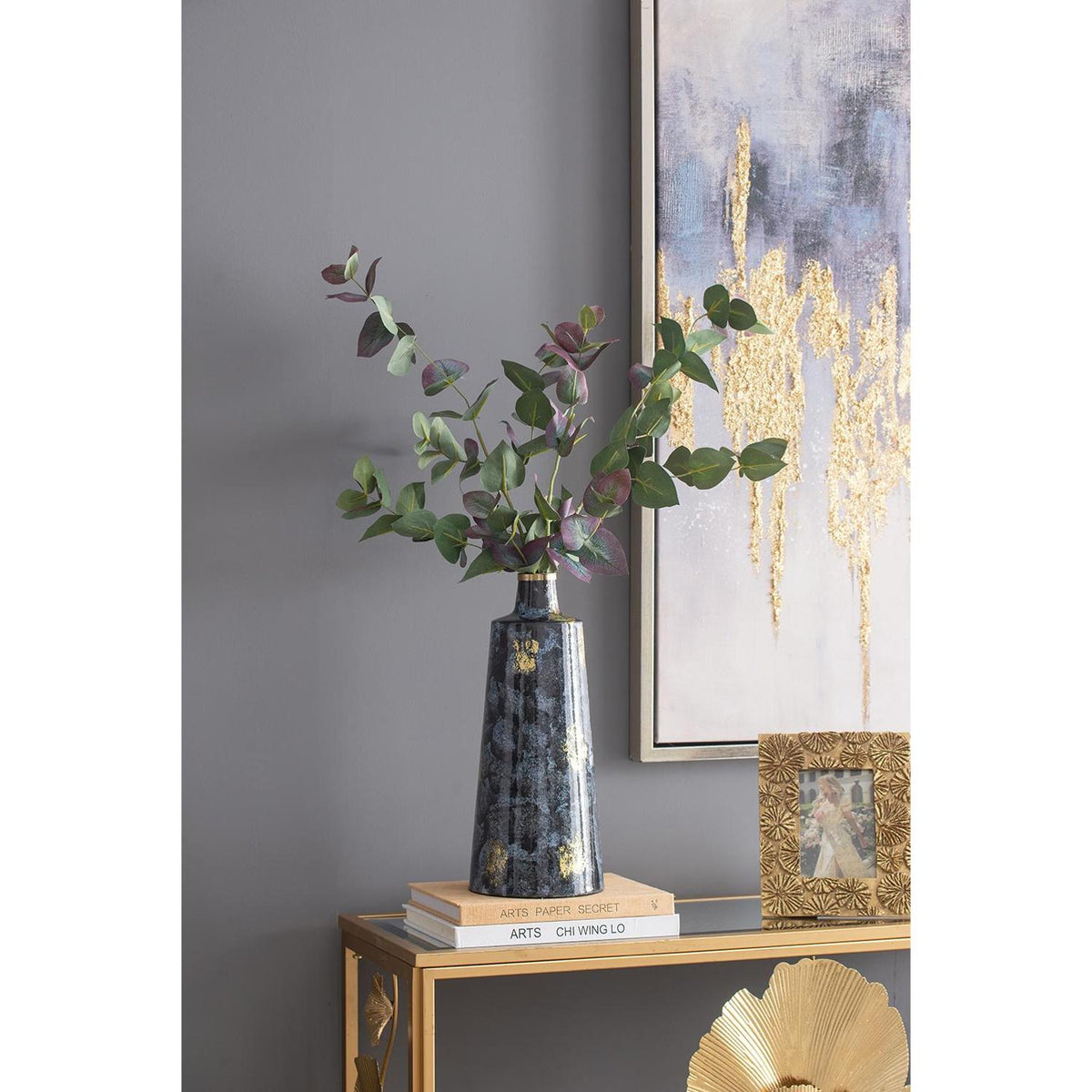 14" Blue And Gold Abstract Bud Glass Table Vase