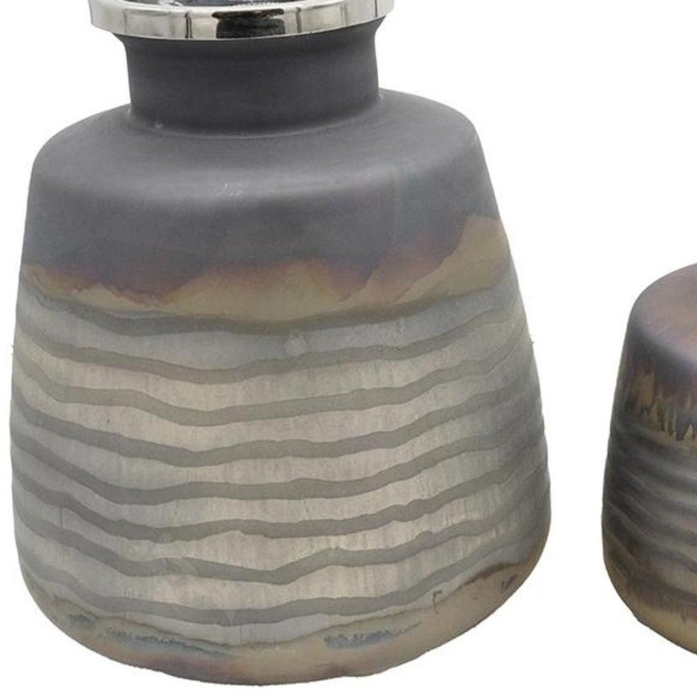 Set of Two Black And Gray Abstract Glass Round Table Vases