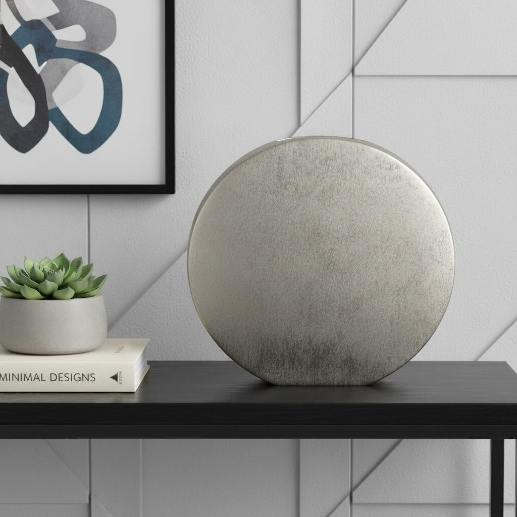 15" Silver Aluminum Round Disc Table Vase