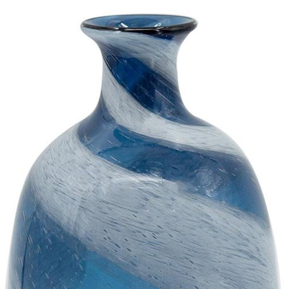 16" Blue And White Striped Swirl Art Glass Table Vase
