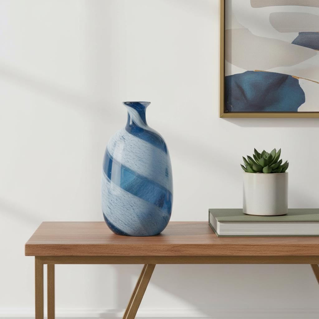 16" Blue And White Striped Swirl Art Glass Table Vase