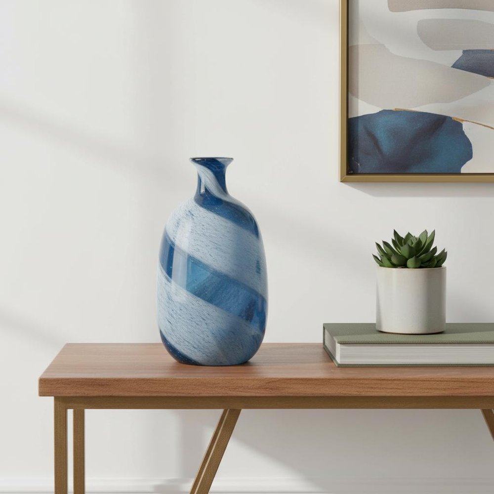 16" Blue And White Striped Swirl Art Glass Table Vase