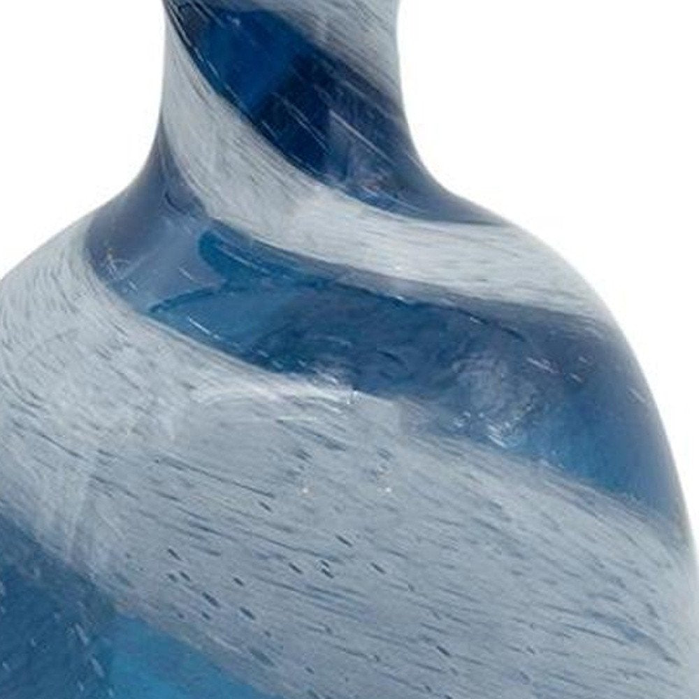 13" Blue And White Striped Swirl Art Glass Table Vase