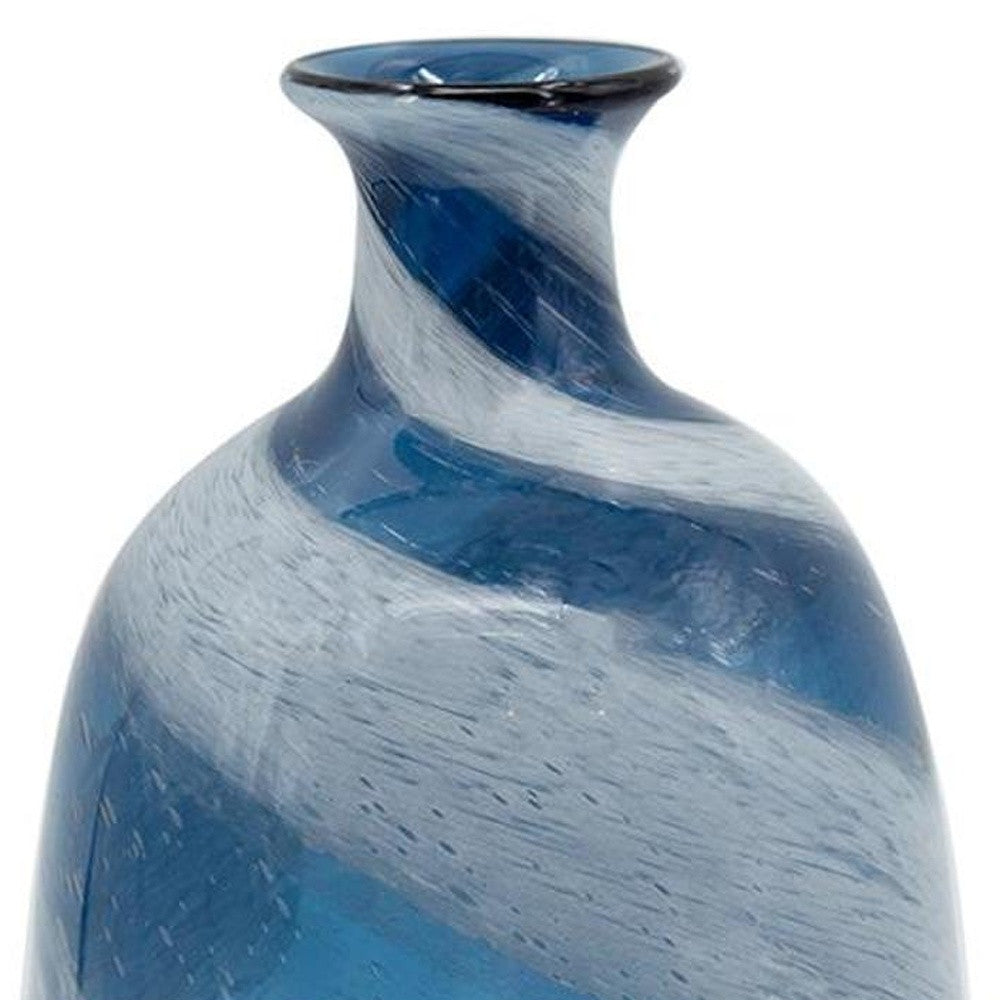 13" Blue And White Striped Swirl Art Glass Table Vase