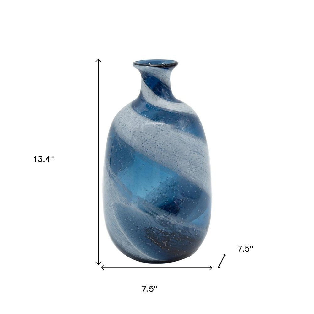 13" Blue And White Striped Swirl Art Glass Table Vase