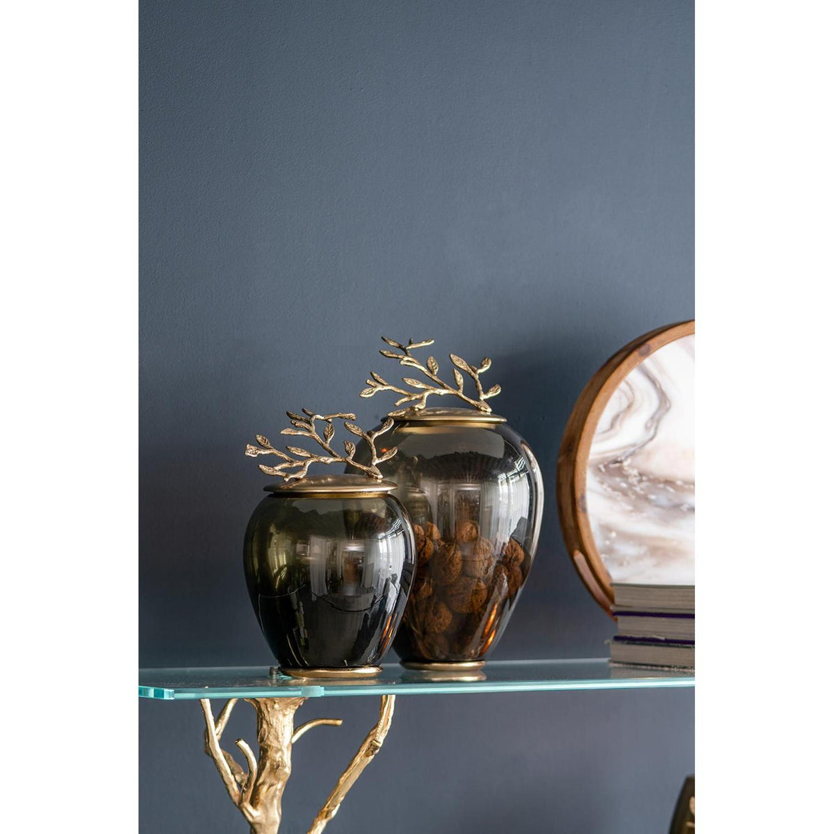 14" Dark Green And Gold Glass And Metal Round Ginger Jar