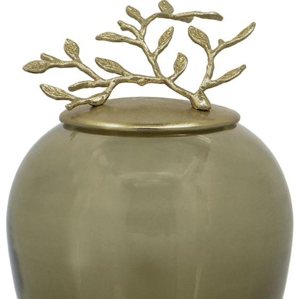 14" Dark Green And Gold Glass And Metal Round Ginger Jar