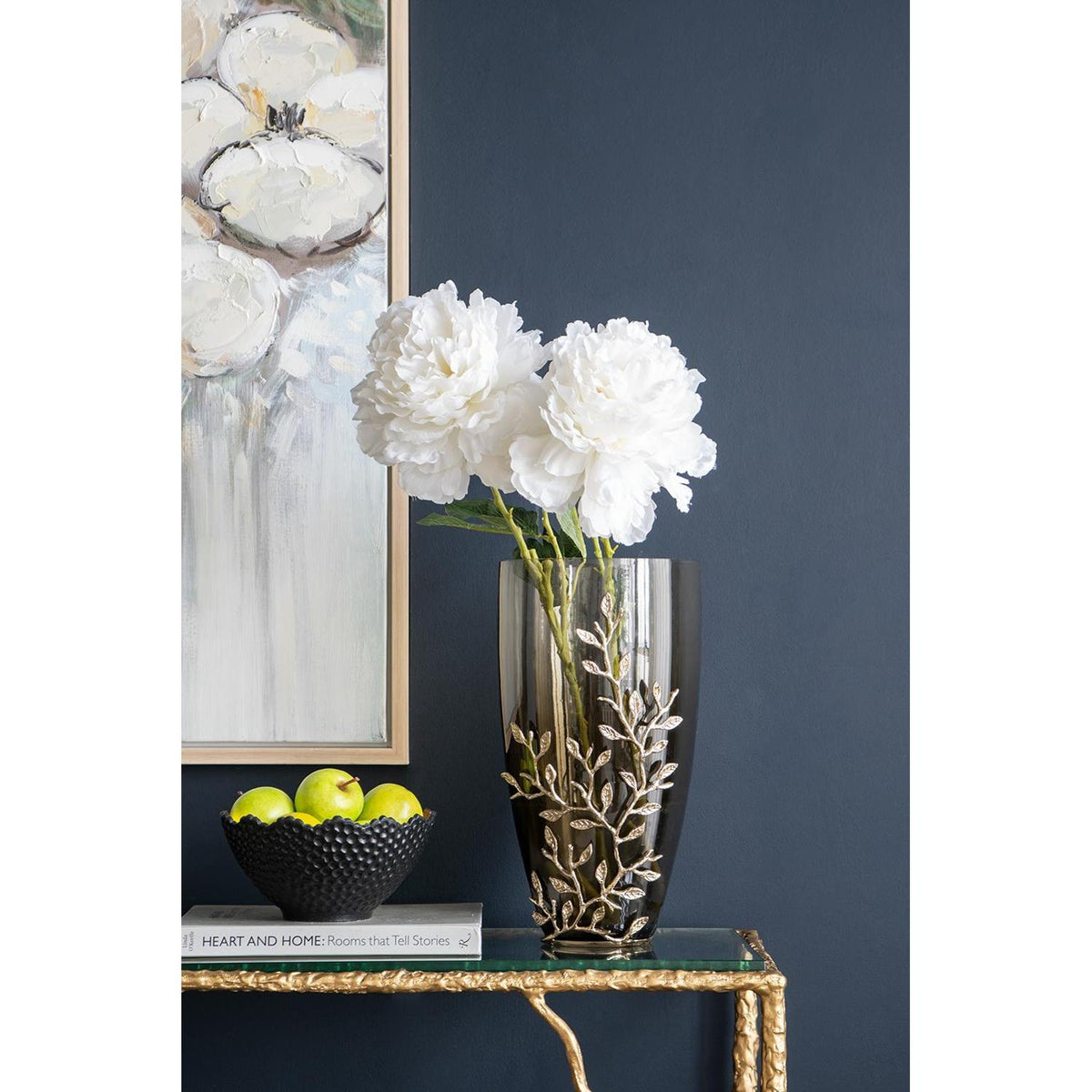 15" Dark Olive Green And Gold Branch Patterned Glass And Aluminum Table Vase