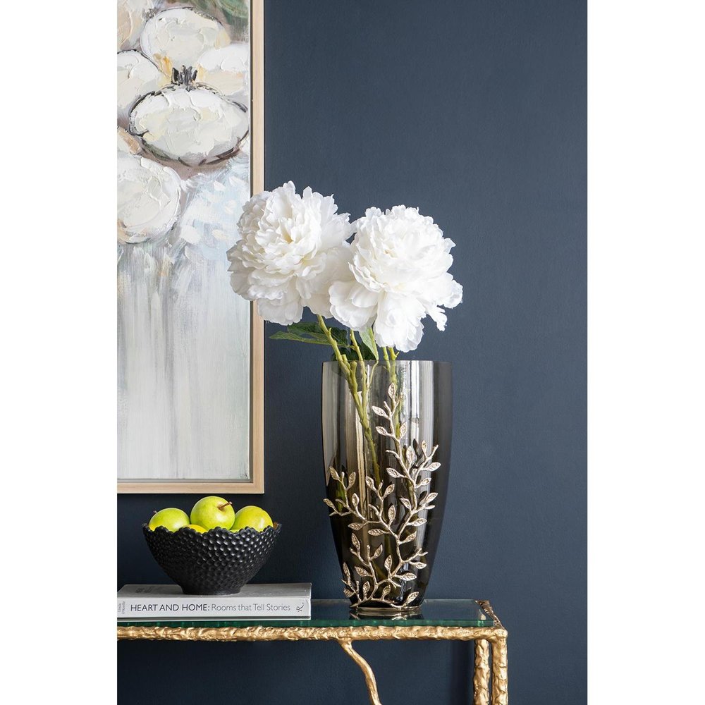 15" Dark Olive Green And Gold Branch Patterned Glass And Aluminum Table Vase