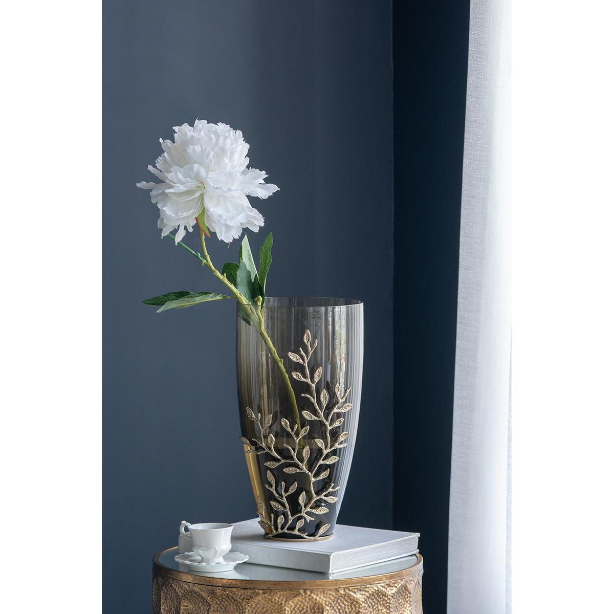 15" Dark Olive Green And Gold Branch Patterned Glass And Aluminum Table Vase