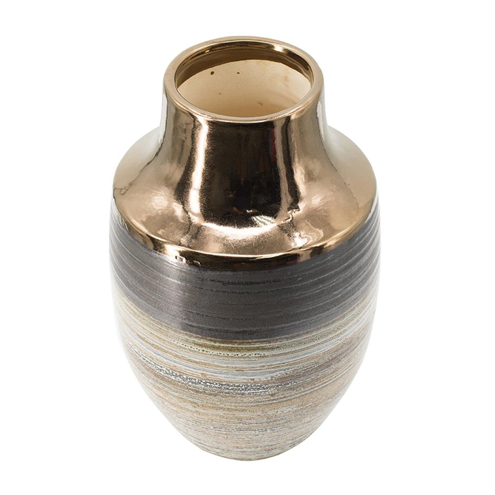 11" Brown And Bronze Striped Ceramic Round Table Vase