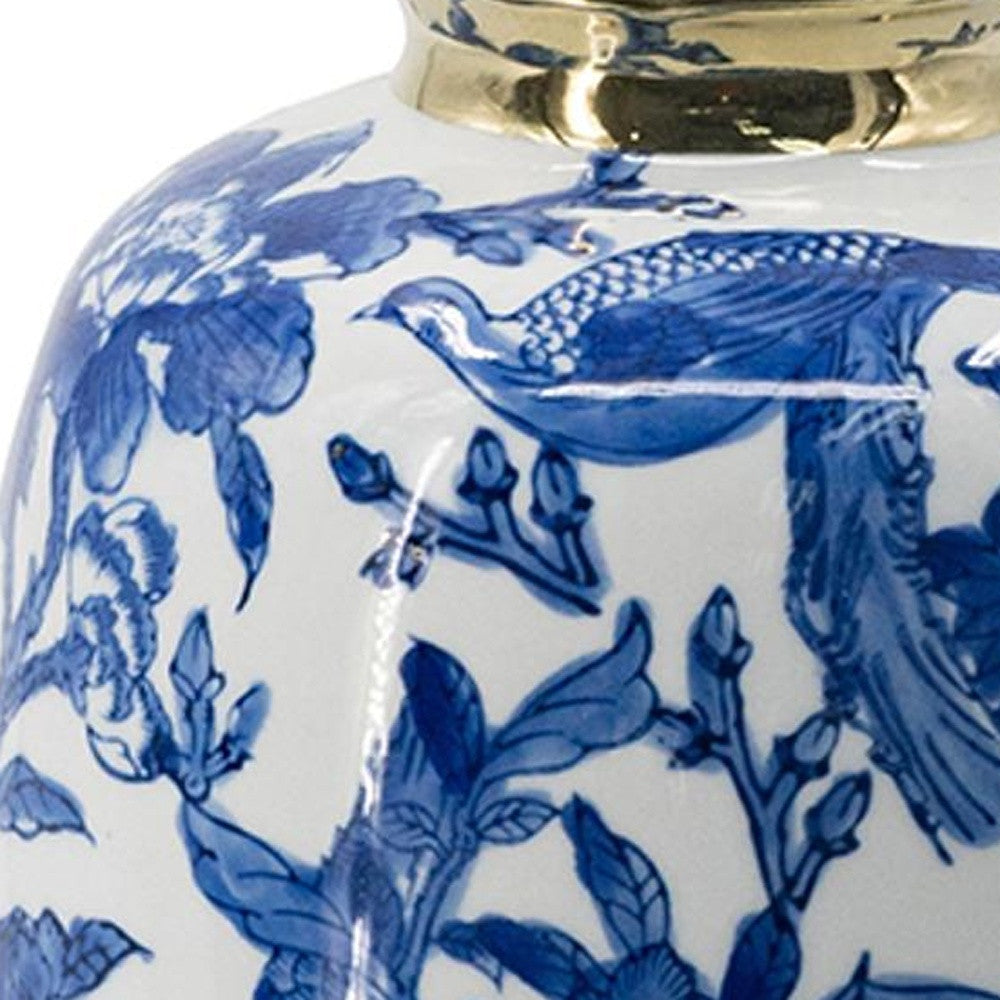 11" Blue White And Gold Chinoiserie Floral Porcelain Table Vase