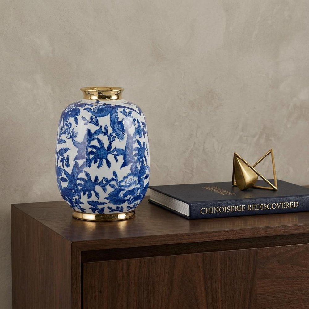 11" Blue White And Gold Chinoiserie Floral Porcelain Table Vase