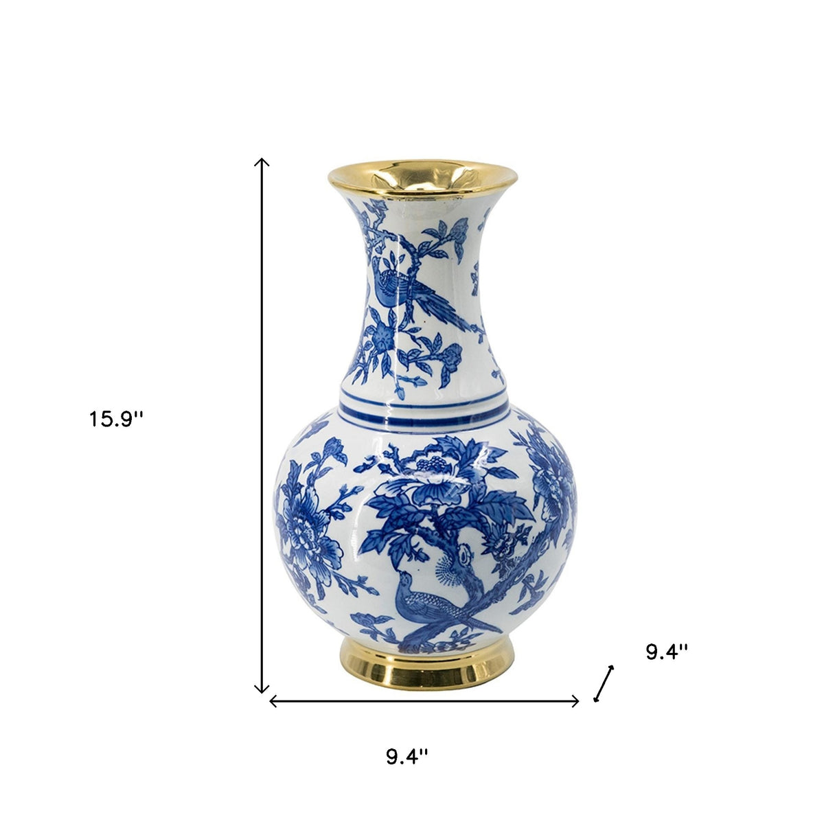 16" Blue White And Gold Chinoiserie Floral Porcelain Table Vase