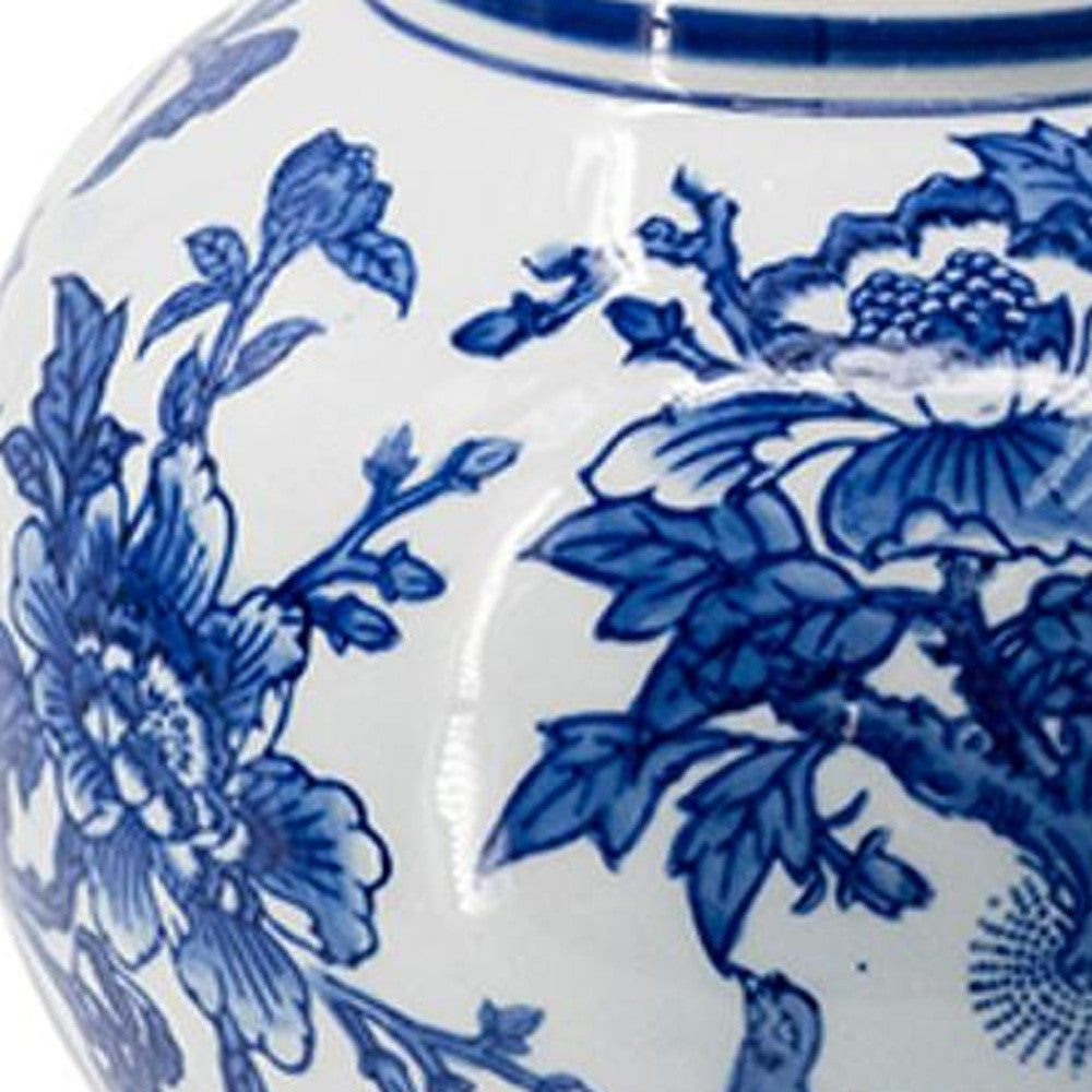 16" Blue White And Gold Chinoiserie Floral Porcelain Table Vase