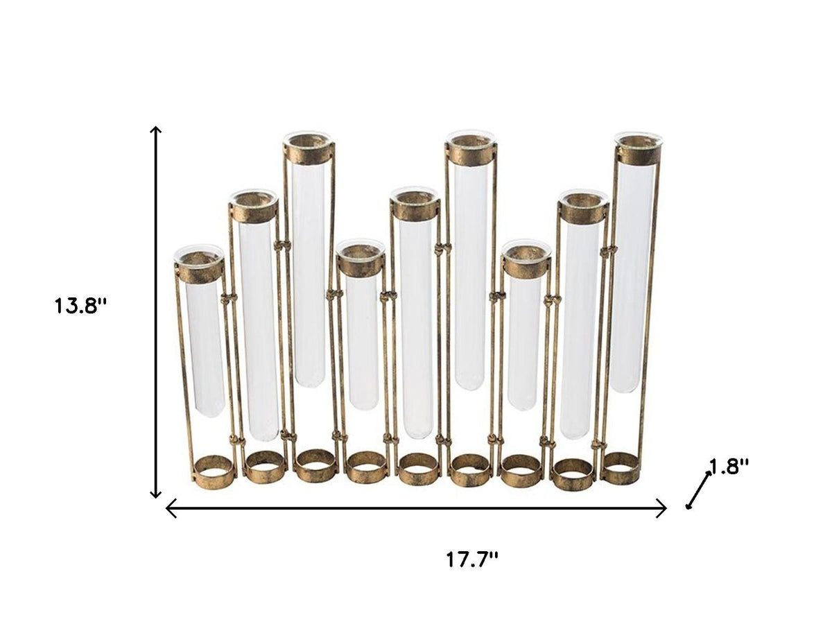 14" Bronze And Clear Glass And Metal Cylinder Table Vase
