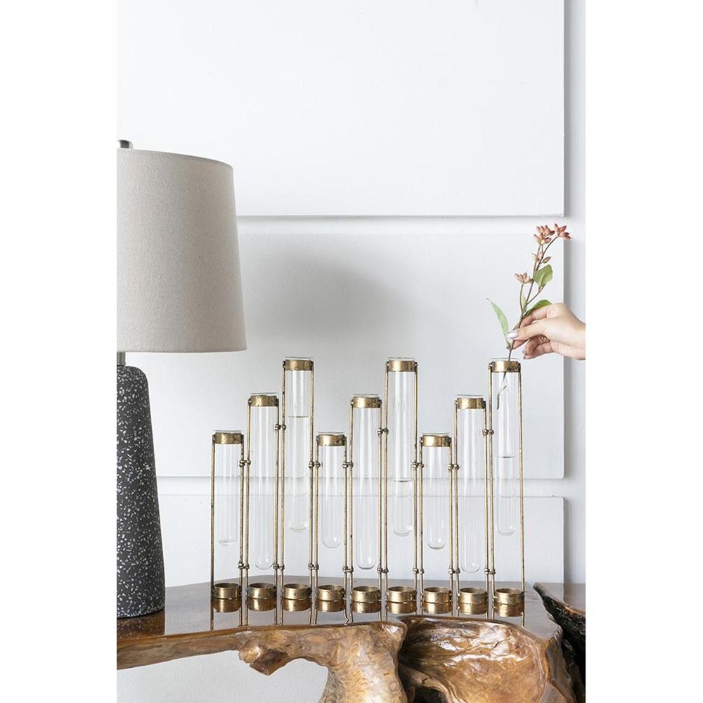 14" Bronze And Clear Glass And Metal Cylinder Table Vase