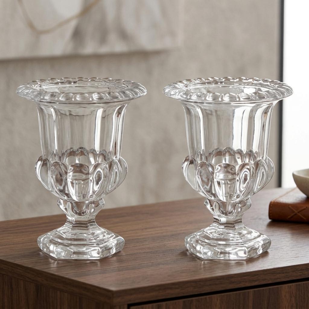 Set of Two Clear Glass Urn Table Vases
