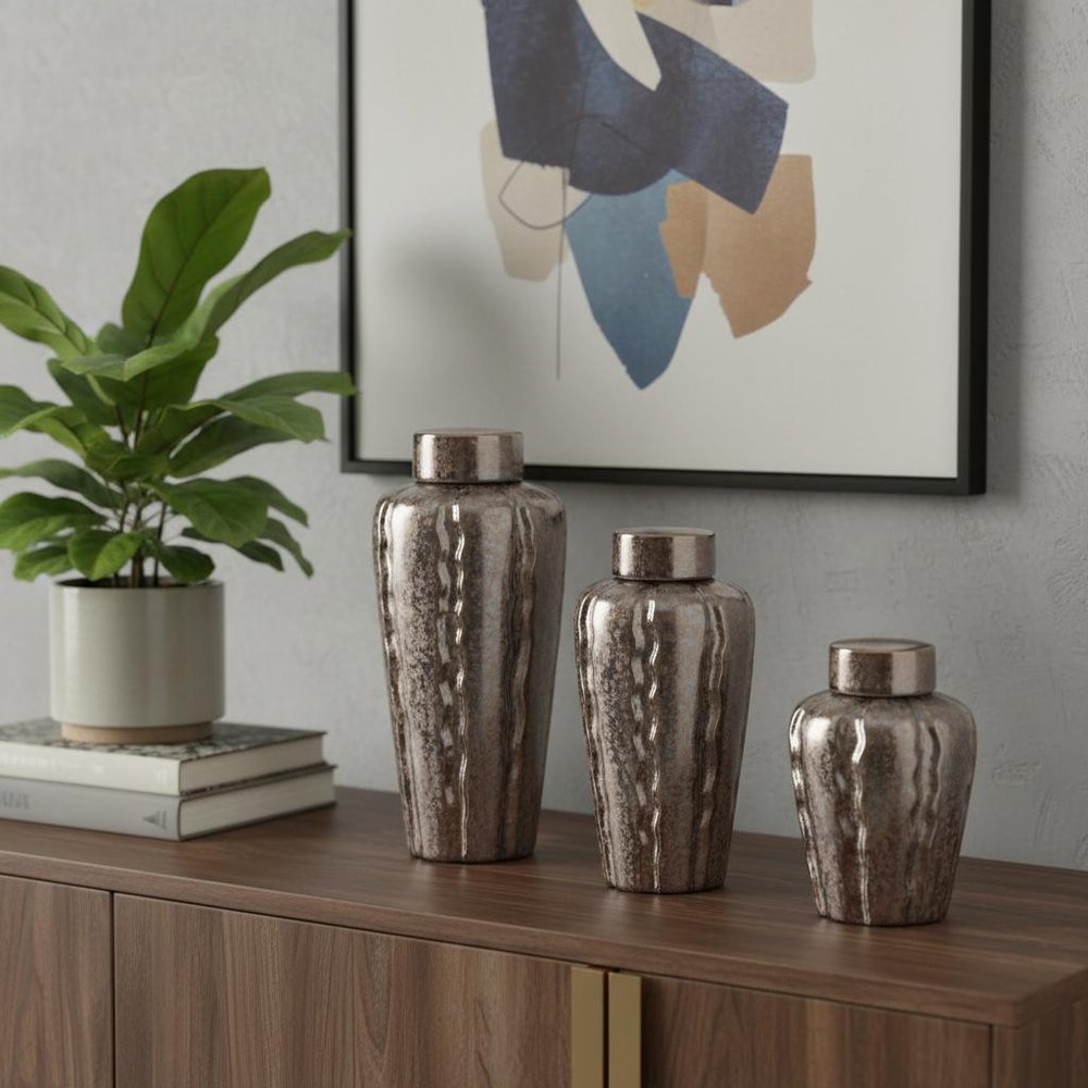 Set of Three Bronze And Silver Ceramic Urn Ginger Jars