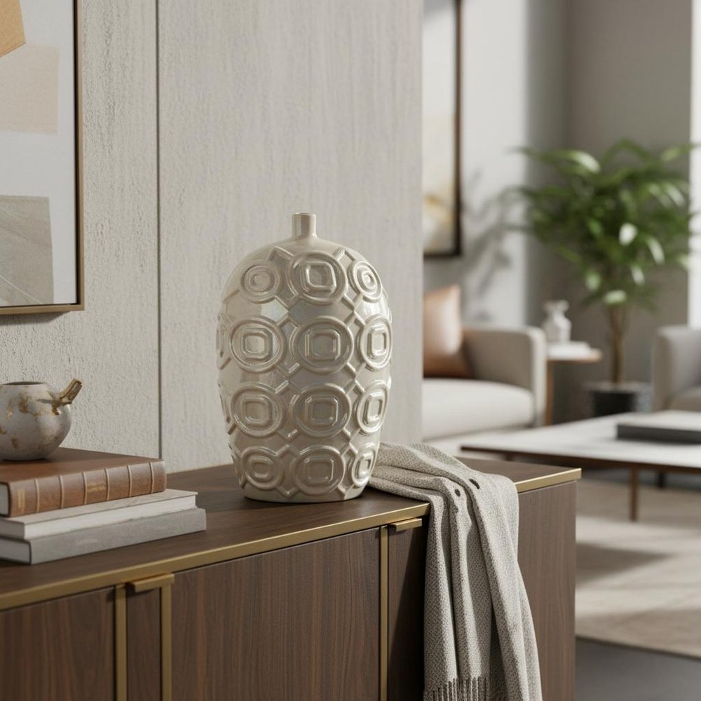 16" Cream Geometric Ceramic Bud Table Vase