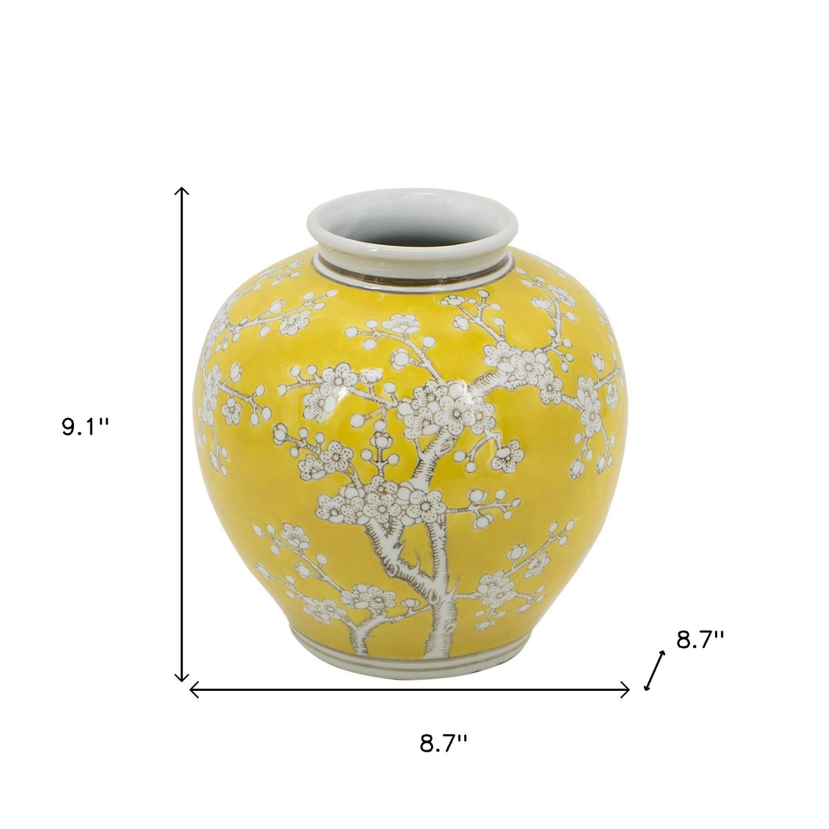 9" Yellow And White Chinoiserie Floral Porcelain Table Vase