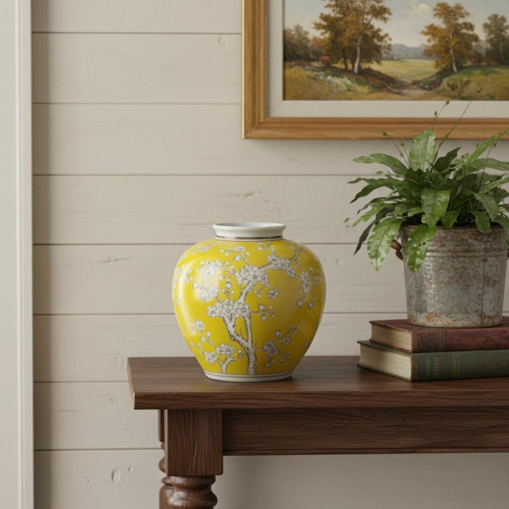 9" Yellow And White Chinoiserie Floral Porcelain Table Vase