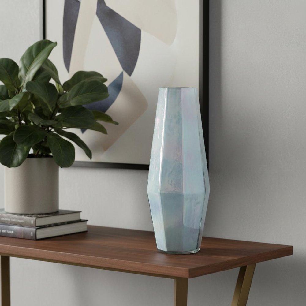 20" Blue And Opal Glass Cylinder Table Vase