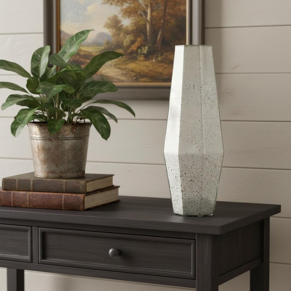 20" Antiqued Silver Glass Cylinder Table Vase