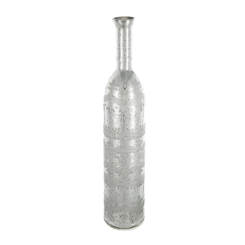 25" Antiqued Silver Floral Glass Bottle Table Vase