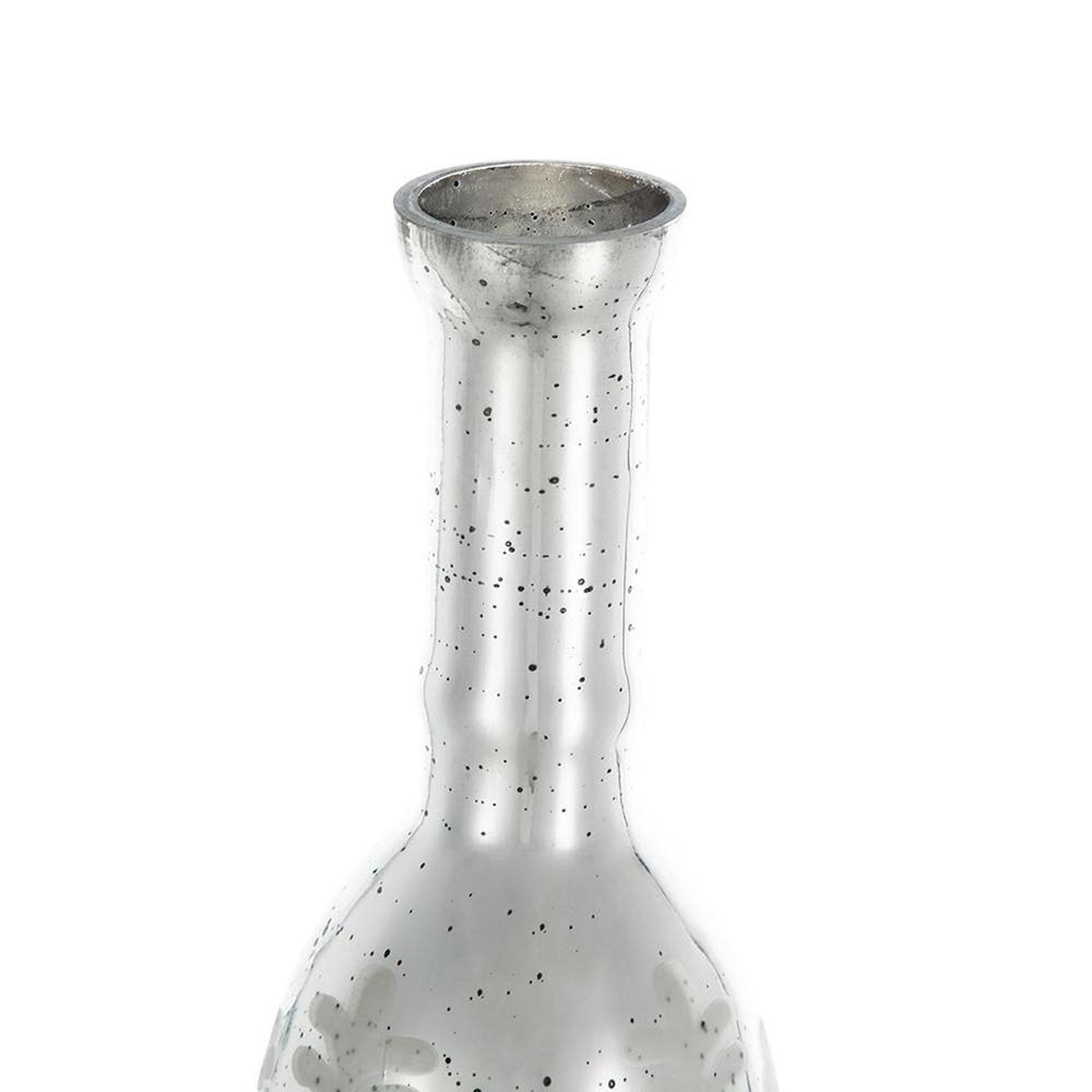 25" Antiqued Silver Floral Glass Bottle Table Vase