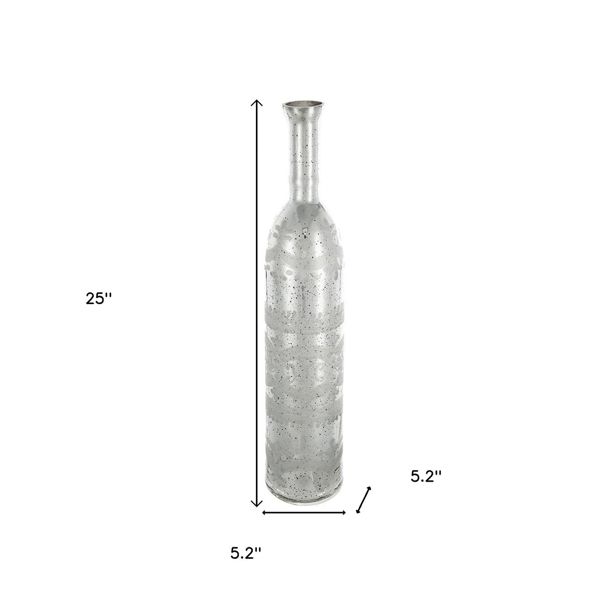 25" Antiqued Silver Floral Glass Bottle Table Vase