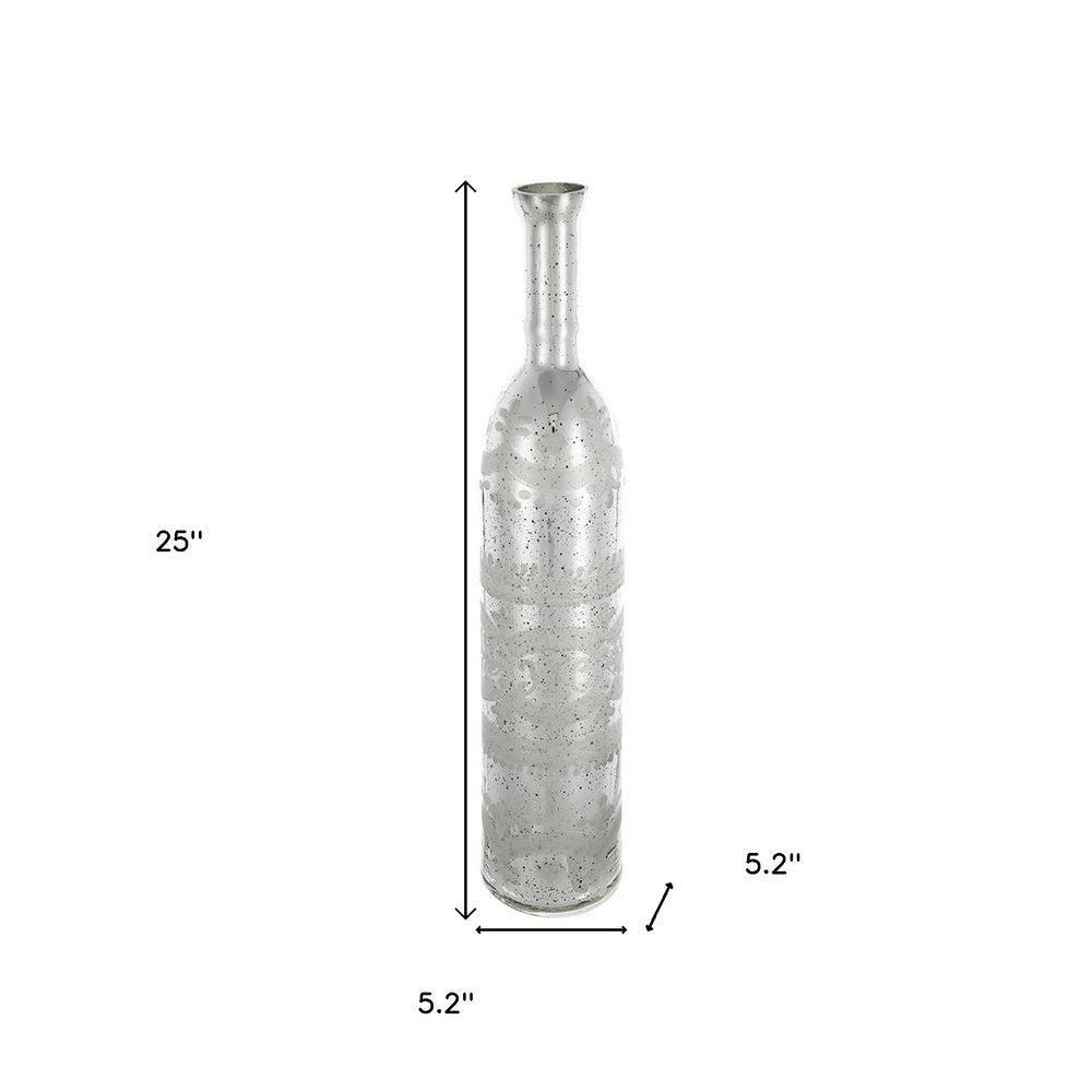 25" Antiqued Silver Floral Glass Bottle Table Vase
