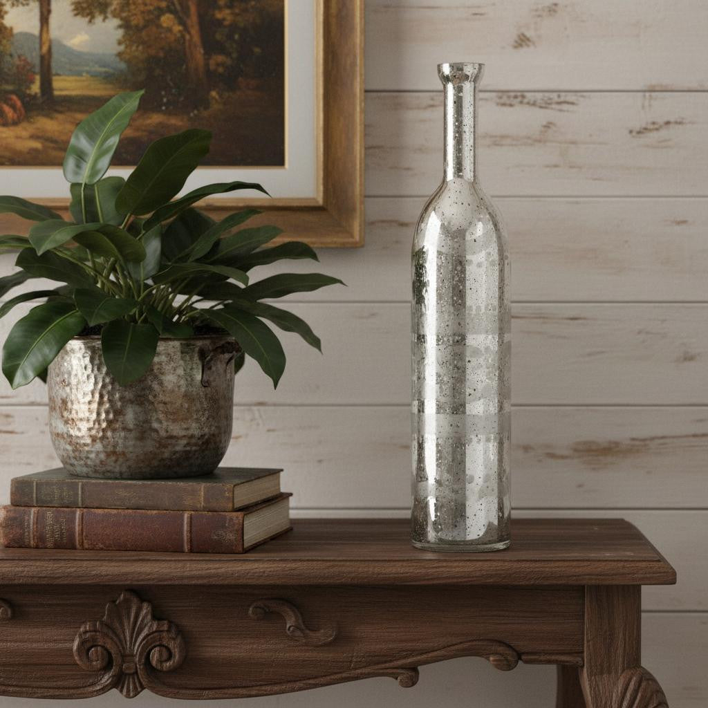 25" Antiqued Silver Floral Glass Bottle Table Vase