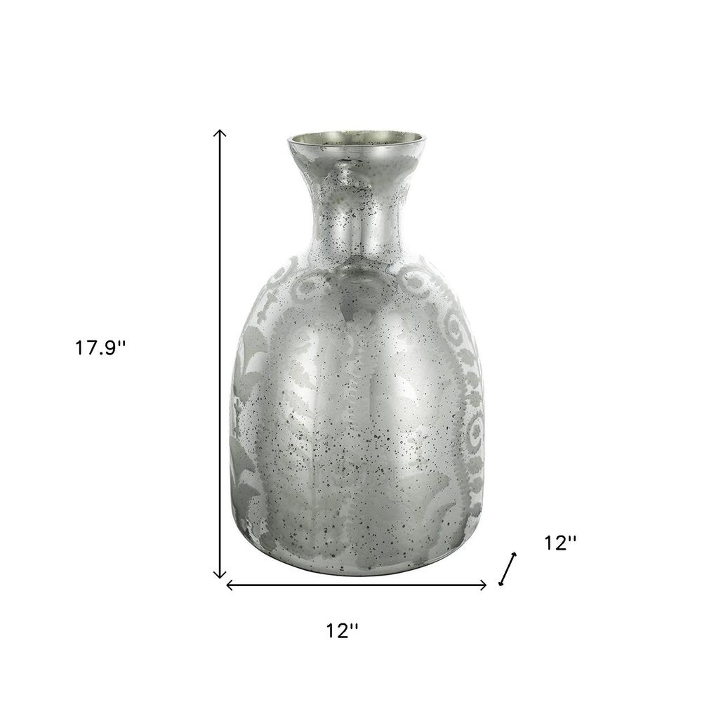 18" Antiqued Silver Floral Glass Table Vase