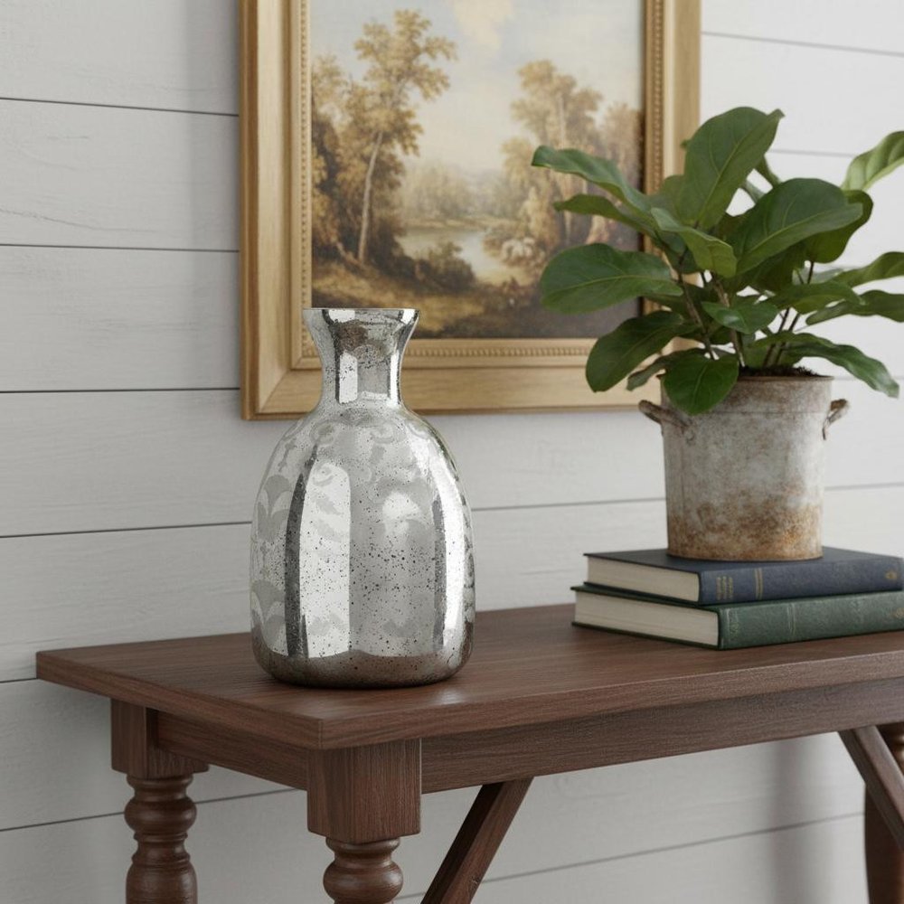 18" Antiqued Silver Floral Glass Table Vase