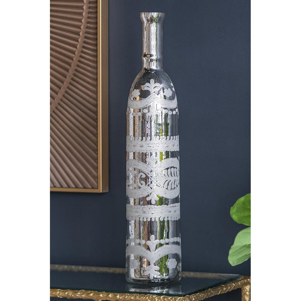 30" Antiqued Silver Floral Glass Bottle Table Vase
