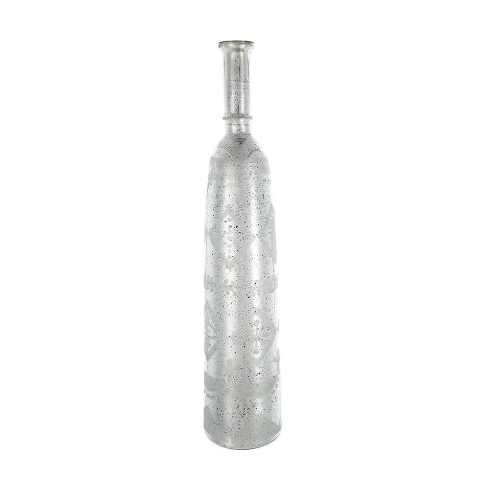 30" Antiqued Silver Floral Glass Bottle Table Vase