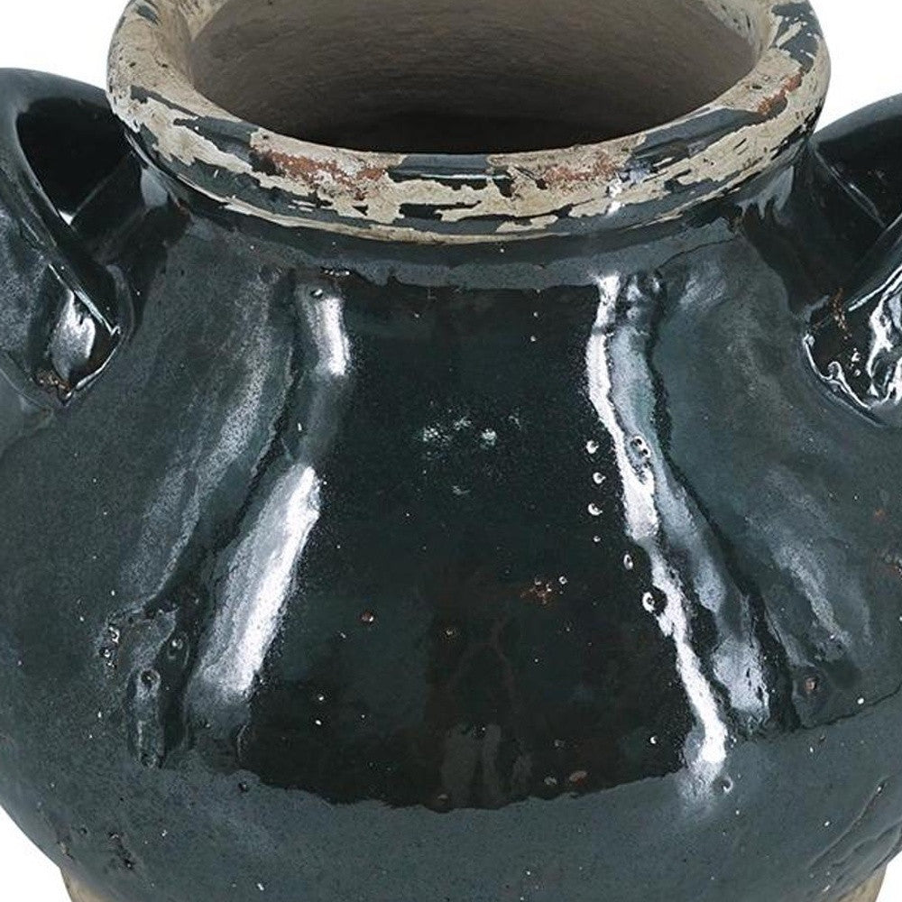 7" Dark Green And Sand Terracotta Round Jug Vase