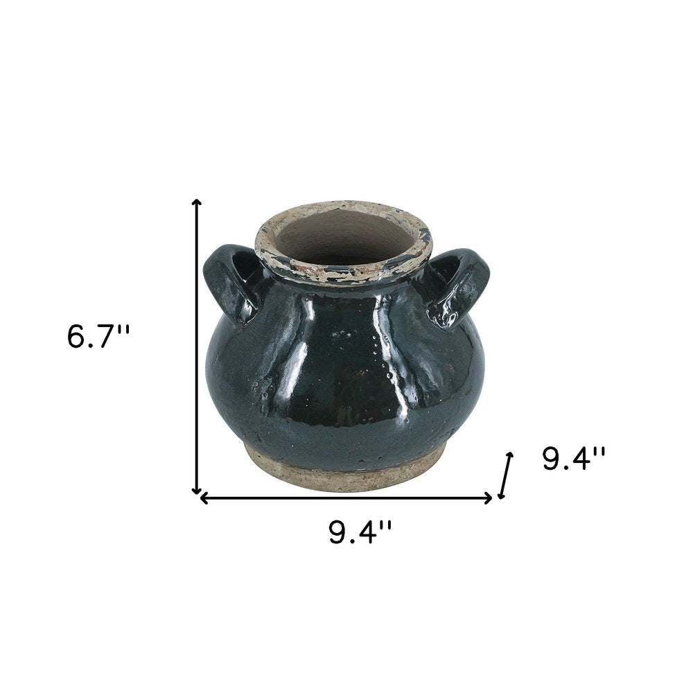 7" Dark Green And Sand Terracotta Round Jug Vase